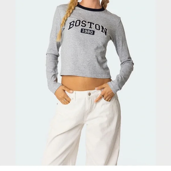 Edikted Gray Boston 1980 Long Sleeve Tee - Picture 1 of 3